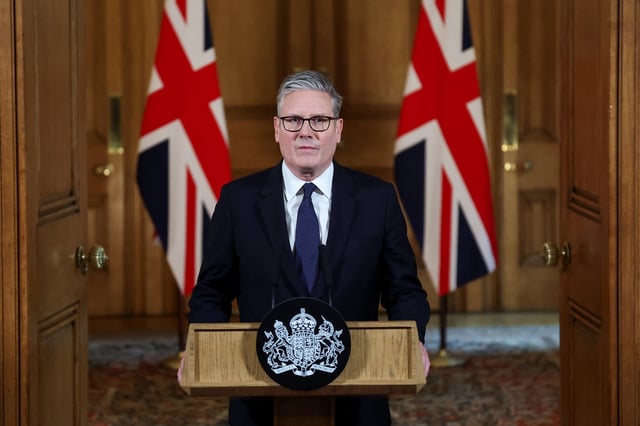 U.K. Prime Minister Keir Starmer delivers a statement inside No. 10 Downing Street on the day the cabinet was recalled to discuss the situation in Gaza, on July 29, 2025 in London, England.