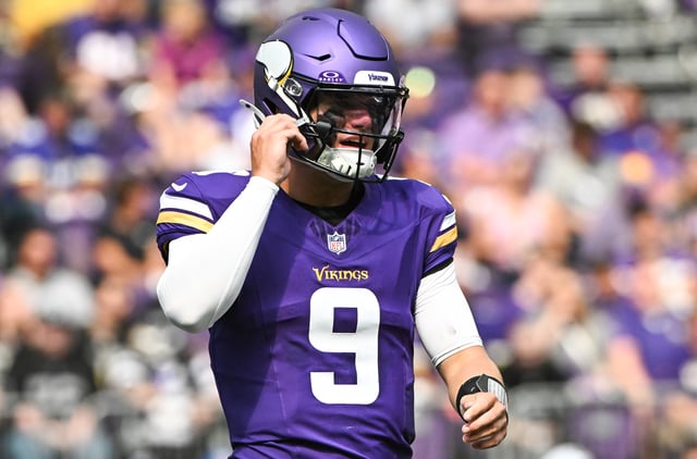 J.J. McCarthy #9 of the Minnesota Vikings looks on in the second quarter of the preseason game against the Las Vegas Raiders at U.S. Bank Stadium on August 10, 2024 in Minneapolis, Minnesota.