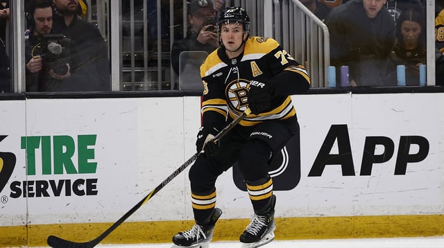 Feb 8, 2025; Boston, Massachusetts, USA; Boston Bruins defenseman Charlie McAvoy (73) against the Vegas Golden Knights during the second period at TD Garden. Mandatory Credit: Winslow Townson-Imagn Images
