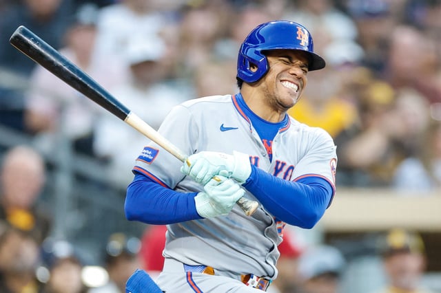 Jul 29, 2025; San Diego, California, USA; New York Mets right fielder Juan Soto (22) reacts after fouling off a ball off his lower extremity during the fourth inning against the San Diego Padres at Petco Park. Mandatory Credit: David Frerker-Imagn Images/ File Photo