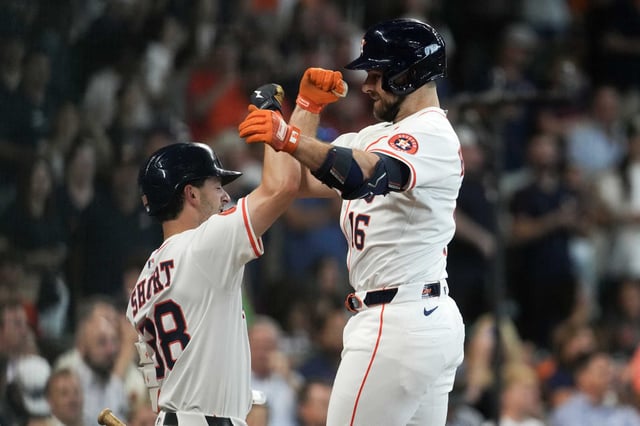 Houston Astros left fielder Cooper Hummel reacts after hitting a 2-run home run off Washington Nationals starting pitcher MacKenzie Gore during the sixth inning of an MLB baseball game in Houston, Wednesday, July 30, 2025.