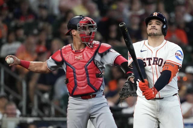 Houston Astros Yainer Diaz (21) reacts after striking out during the fifth inning of an MLB baseball game in Houston, Wednesday, July 30, 2025.