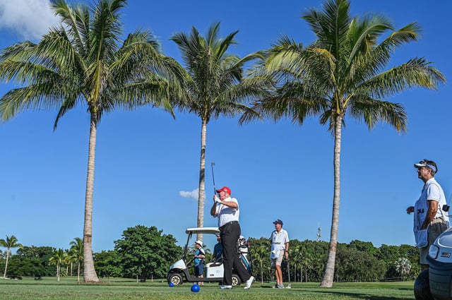 This October 2022 photo shows Donald Trump playing golf at Trump National Doral Miami golf club on in Miami.