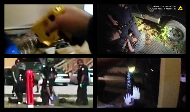 This combination of images from body-camera videos shows police encounters with, top row from left, Jeffrey Melvin in Colorado in 2018, Johnathan Binkley in Tennessee in 2019; bottom row from left, Bradford Macomber in Mississippi in 2016 and Samuel Celestin in Florida in 2019. Police officers in hundreds of deadly encounters across the United States violated well-known law enforcement guidelines that prescribe the safest ways to restrain, subdue and arrest people, an Associated Press investigation has found. (Colorado Springs Police Department, Knox County Sheriff’s Office, Gulfport Police Department, Ocoee Police Department via AP)