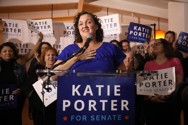 Katie Porter gives a speech at a campaign rally and watch party in Long Beach, California on March 5, 2024.