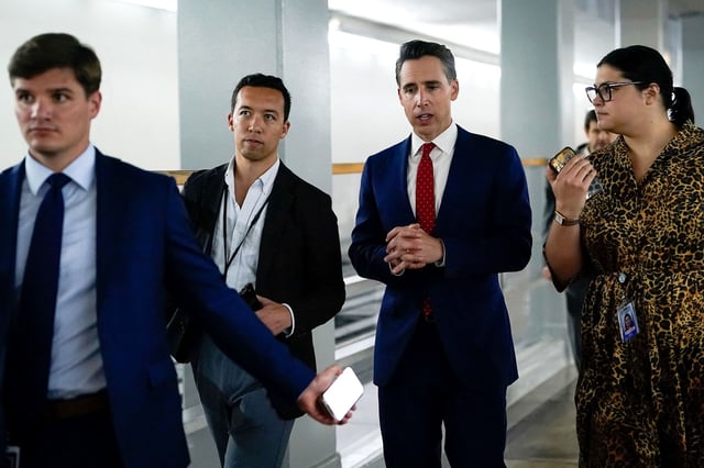 Sen. Josh Hawley speaks to reporters on Capitol Hill in Washington, DC, on Wednesday, July 30, 2025.