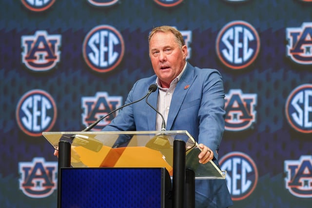 Jul 15, 2025; Atlanta, GA, USA; Auburn Tigers head coach Hugh Freeze talks to the media during SEC Media Days at Omni Atlanta Hotel. Mandatory Credit: Jordan Godfree-Imagn Images/ File Photo