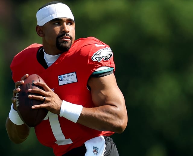 Jalen Hurts #1 of the Philadelphia Eagles runs a drill during the Philadelphia Eagles Training Camp at NovaCare Complex on July 28, 2025 in Philadelphia, Pennsylvania.