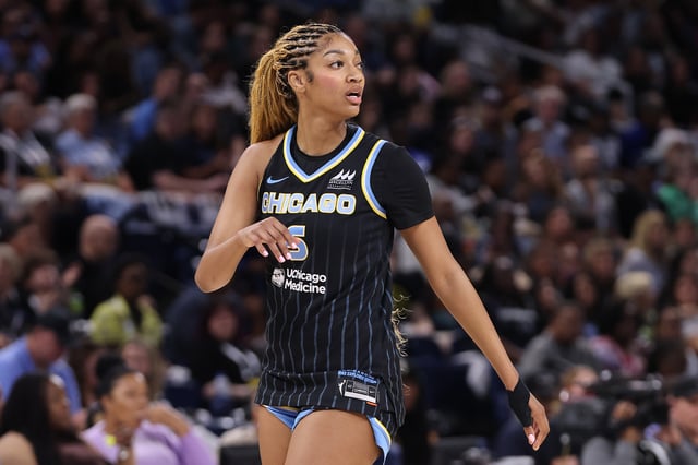Angel Reese #5 of the Chicago Sky looks on against the Dallas Wings during the first half at Wintrust Arena on July 09, 2025 in Chicago, Illinois.