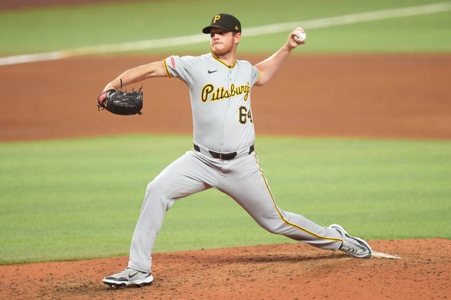 Mar 30, 2025; Miami, Florida, USA;  Pittsburgh Pirates pitcher Caleb Ferguson (64) pitches in the eighth inning against the Miami Marlins at loanDepot Park. Mandatory Credit: Jim Rassol-Imagn Images/ File Photo