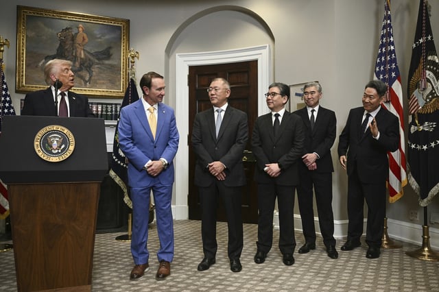 President Donald Trump, from left, speaks, alongside Louisiana Gov. Jeff Landry, Chung Eui-sun, executive chairman of Hyundai Motor Group, Hyundai Motor Company CEO Jaehoon Chang, former South Korea Ambassador to the U.S. Sung Y. Kim and Hyundai Steel CEO Seo Gang Hyun in the Roosevelt Room of the White House in Washington, Monday, March 24, 2025.
