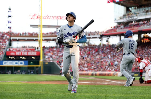 CINCINNATI, OHIO - JULY 29: Shohei Ohtani #17 of the Los Angeles Dodgers walks back to the dugout after striking out in the third inning against the Cincinnati Reds at Great American Ball Park on July 29, 2025 in Cincinnati, Ohio.