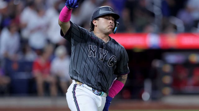 Jul 22, 2025; New York City, New York, USA; New York Mets catcher Francisco Alvarez (4) rounds the bases after hitting a two run home run against the Los Angeles Angels during the fifth inning at Citi Field. Mandatory Credit: Brad Penner-Imagn Images