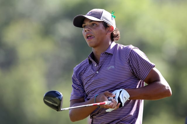 Charlie Woods hits a tee shot on the fourth hole during the first round of the U.S. Junior Amateur at Brook Hollow Golf Club on July 21, 2025 in Dallas, Texas.