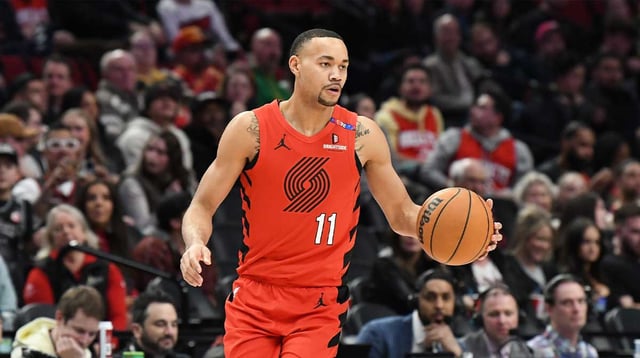 Jan 18, 2025; Portland, Oregon, USA; Portland Trail Blazers guard Bryce McGowens (11) brings the ball forward during the second half at Moda Center. Mandatory Credit: Brian Murphy-Imagn Images