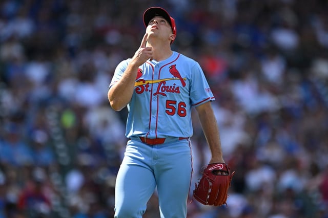 St. Louis Cardinals closing pitcher Ryan Helsley celebrates after defeating the Chicago Cubs in a baseball game Saturday, July 5, 2025, in Chicago. (AP Photo/Paul Beaty)