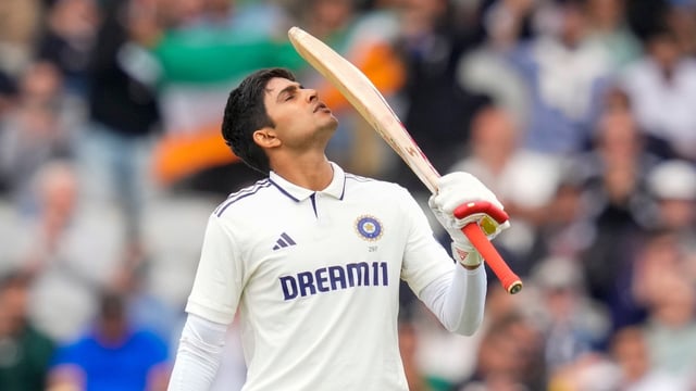 India's captain Shubman Gill celebrates his century