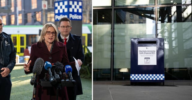 One of the 40 machete safe disposal bins announced by Premier Jacinta Allan (left). Picture supplied
