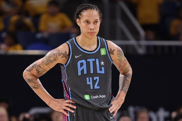 Brittney Griner #42 of the Atlanta Dream looks on against the Chicago Sky during the first half at Wintrust Arena on July 16, 2025 in Chicago, Illinois.