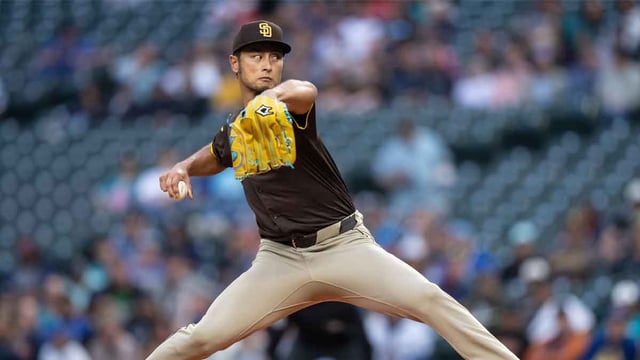 Sep 10, 2024; Seattle, Washington, USA; San Diego Padres starter Yu Darvish (11) delivers a pitch during the second inning against the Seattle Mariners at T-Mobile Park. Mandatory Credit: Stephen Brashear-Imagn Images