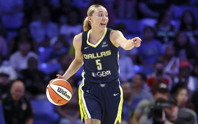Paige Bueckers #5 of the Dallas Wings calls a play against the Atlanta Dream during the first half at College Park Center on July 30, 2025 in Arlington, Texas.