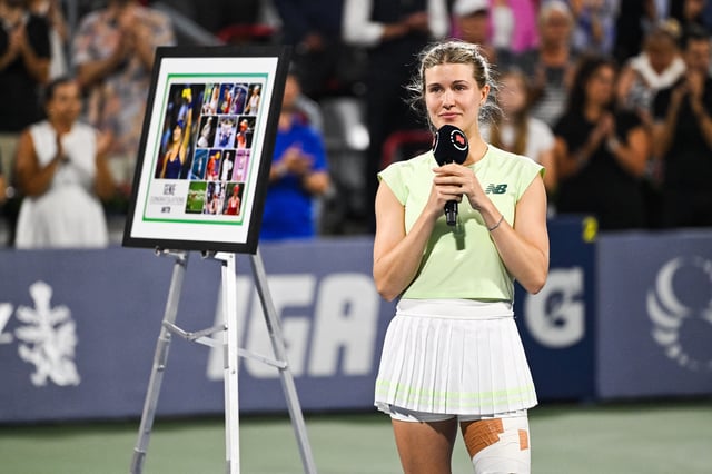 Jul 30, 2025; Montreal, QC, Canada; Eugenie Bouchard (CAN) addresses the crowd during her retirement ceremony at IGA Stadium. Mandatory Credit: David Kirouac-Imagn Images