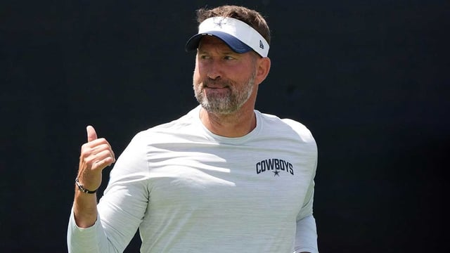 Jul 27, 2025; Oxnard, CA, USA; Dallas Cowboys coach Brian Schottenheimer at training camp at the River Ridge Fields. Mandatory Credit: Kirby Lee-Imagn Images