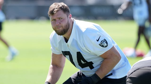 Jul 24, 2025; Henderson, NV, USA; Las Vegas Raiders tackle Kolton Miller (74) during training camp at the Intermountain Healthcare Performance Center. Mandatory Credit: Kirby Lee-Imagn Images