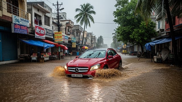 Ghaziabad Man Mercedese Stuck On Waterlogged Road