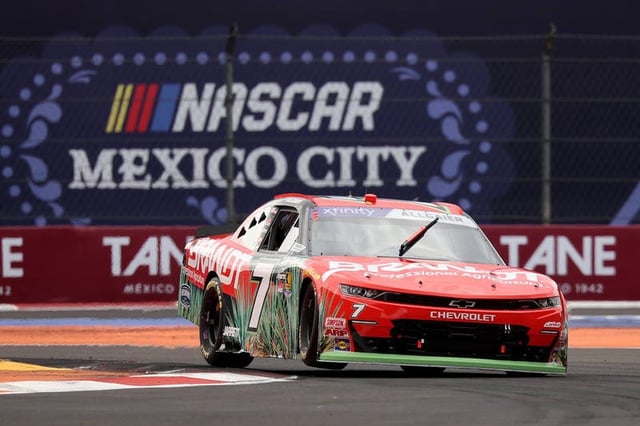 Justin Allgaier, driver of the #7, drives during practice for the NASCAR Xfinity Series The Chilango 150 at Autodromo Hermanos Rodriguez. Image: James Gilbert/Getty Images