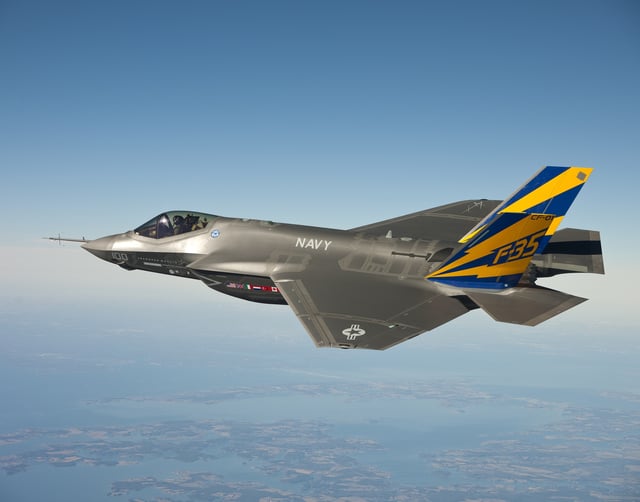 In this image released by the U.S. Navy courtesy of Lockheed Martin, the U.S. Navy variant of the F-35 Joint Strike Fighter, the F-35C, can be seen conducting a test flight February 11, 2011, over the Chesapeake Bay. (Photo by U.S. Navy photo courtesy Lockheed Martin via Getty Images)