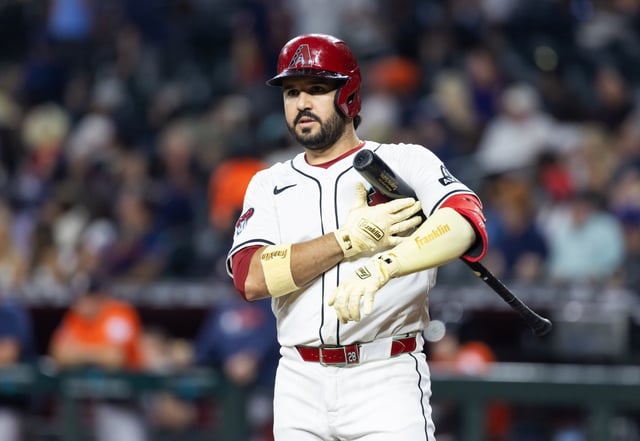 Jul 22, 2025; Phoenix, Arizona, USA; Arizona Diamondbacks designated hitter Eugenio Suarez against the Houston Astros at Chase Field. Mandatory Credit: Mark J. Rebilas-Imagn Images/File Photo