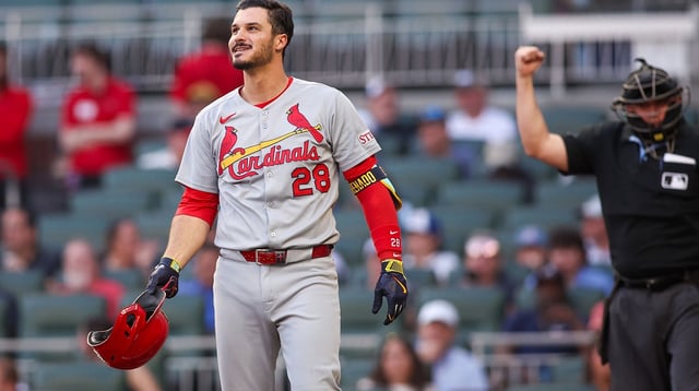 Apr 21, 2025; Atlanta, Georgia, USA; St. Louis Cardinals third baseman Nolan Arenado (28) reacts after a strikeout against the Atlanta Braves in the first inning at Truist Park. Mandatory Credit: Brett Davis-Imagn Images