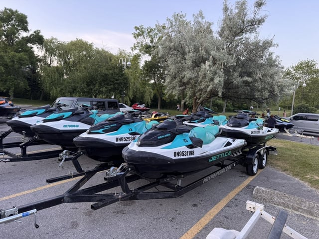A fleet of personal watercraft from Toronto-based Jet Ski rental company Jetti are seen in this handout photo, at Humber Bay Park West in Toronto, on Sunday, June 29, 2025. THE CANADIAN PRESS/Handout — Raj Mehta (Mandatory Credit)