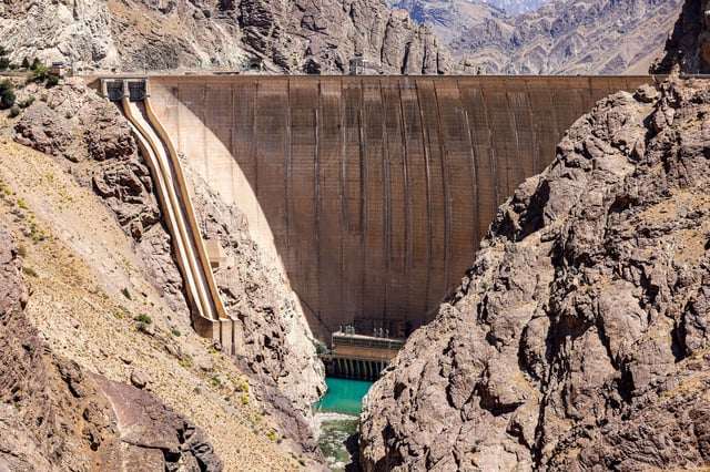 Low water levels in the Amir Kabir dam, also known as the Karaj Dam, along the Karaj river in Iran's northern Alborz mountain range on June 1, 2025. Tehran is facing a water shortage due to low rainfall last year and the beginning of summer.