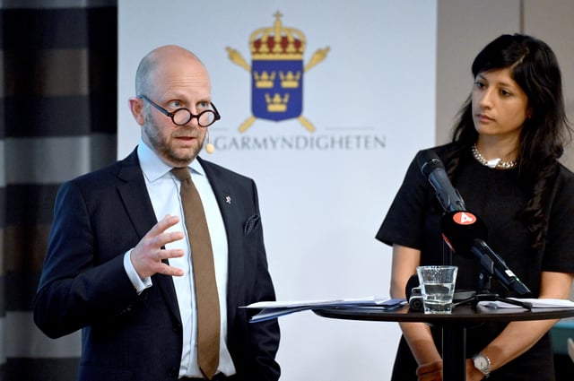 Henrik Olin, Deputy Chief Prosecutor at the National Unit for Security Cases, and Reena Devgun, Senior Prosecutor at the National Unit against International and Organized Crime, attend a press conference on 27 May 2025 in Stockholm, Sweden. The Swedish Prosecution Authority has indicted Swedish man Osama Krayem, 32, for gross war crimes and terrorism in Syria. TT News Agency/Jonas Ekstromer/via REUTERS/File Photo