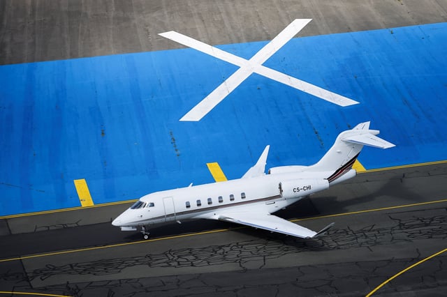 An aerial view shows a Bombardier Challenger 350 private jet on the tarmac of Le Bourget Airport near Paris, France, June 17, 2025. REUTERS/Sarah Meyssonnier/File Photo