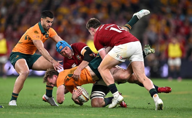 Rugby Union - Australia v British and Irish Lions - Suncorp Stadium, Brisbane, Australia - July 19, 2025 British and Irish Lions' Tadhg Beirne and Tommy Freeman in action with Australia's Harry Potter  Dave Hunt/AAP Image via REUTERS/File Photo