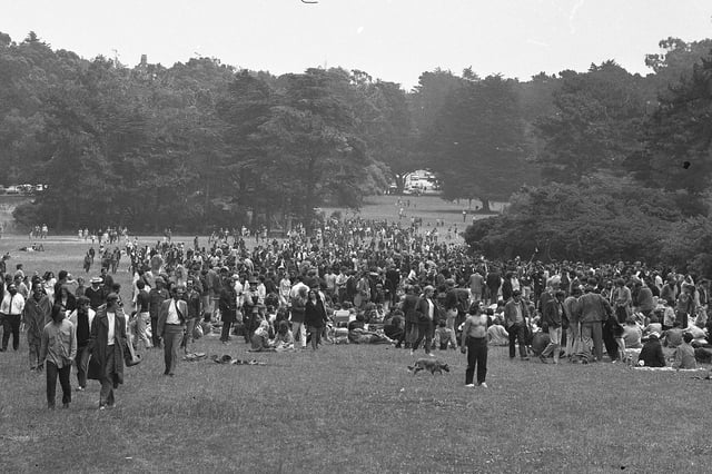 Hippies of the Haight-Ashbury celebrate the summer solstice in Golden Gate Park on June 21, 1967.