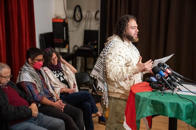 Proprietor Abdulrahim Harara during a press conference in support of the Jerusalem Coffee House held at the East Bay Community Space in Oakland, CA on Wednesday, July 30, 2025. The coffee house and it’s owner Abdulrahim Harara have been accused of antisemitic discrimination in three separate lawsuits brought forth by the Department of Justice (DOJ), the Anti-Defamation League (ADL) and the Brandeis Center (BC).(Don Feria for Bay Area News Group)