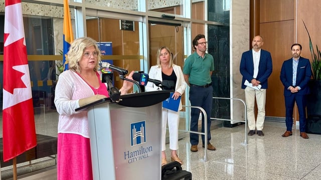 Mayor Andrea Horwath, left, and senior staff held a news conference at city hall on Wednesday to discuss the 2024 ransomware attack.