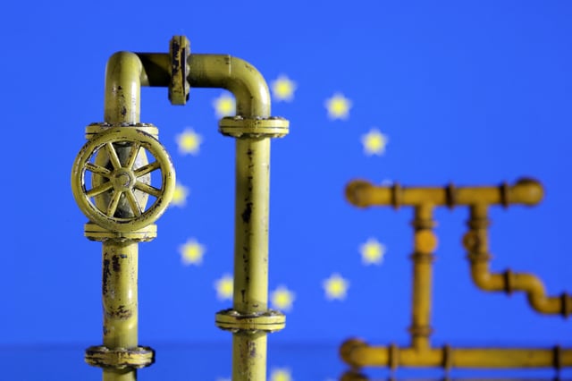 Model of natural gas pipeline and EU flag, July 18, 2022. REUTERS/Dado Ruvic/Illustration/File photo