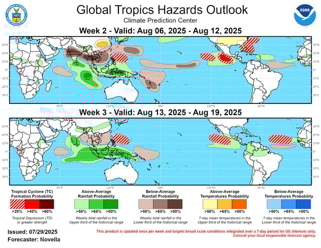 This map shows the Climate Prediction Center&#39;s global tropical hazards map. Development off the coast of the southeast United States is possible through mid-August, with activity in the deep tropical Atlantic possible by late August.