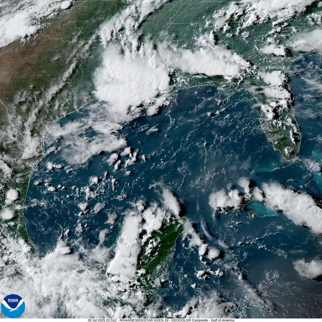 This weather satellite photo of the Gulf of Mexico, taken Wednesday afternoon, shows a relatively quiet area for storm development. Although the tropics remain quiet for now, mid-August historically has been the start of the most active stretch of the Atlantic hurricane season.