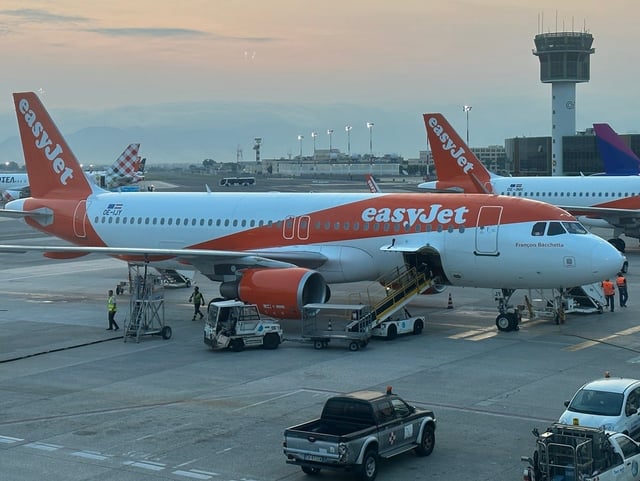 An easyjet plane parked at the gate