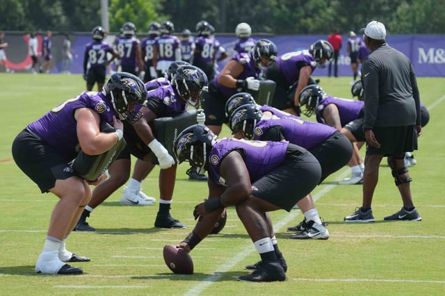 Jul 23, 2025; Owings Mills, MD, USA; Baltimore Ravens players warm up during training camp at the Under Armour Performance Center. Mandatory Credit: Mitch Stringer-Imagn Images/File Photo