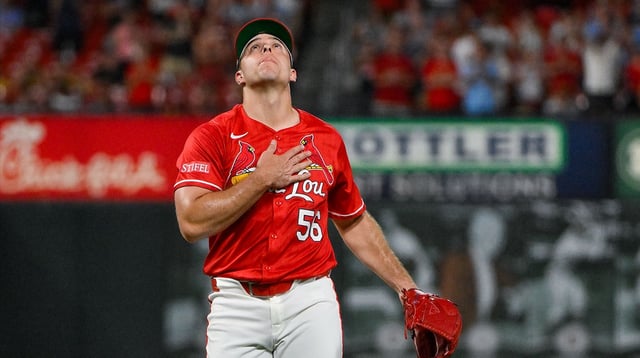 Jul 25, 2025; St. Louis, Missouri, USA; St. Louis Cardinals relief pitcher Ryan Helsley (56) reacts after the Cardinals defeated the San Diego Padres at Busch Stadium. Mandatory Credit: Jeff Curry-Imagn Images