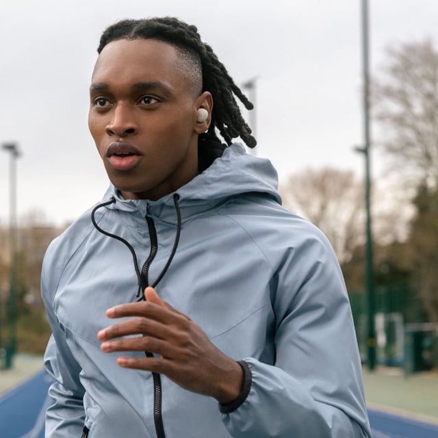man running with Sony WH-1000XM5 earbuds in