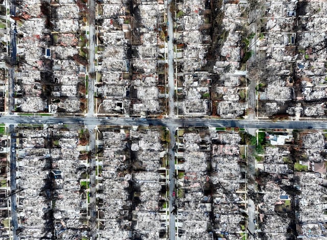 Destroyed homes from the Palisades Fire in the Alphabet Streets neighborhood of Pacific Palisades, CA, on Monday, January 27, 2025. The wind-whipped fire destroyed at least 23,448 acres and destroyed thousands of structures. This image is a composite of multiple aerial photos. (Photo by Jeff Gritchen, Orange County Register/SCNG)