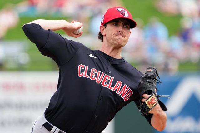 Mar 12, 2024; Surprise, Arizona, USA; Cleveland Guardians starting pitcher Shane Bieber (57) bats against the Texas Rangers during the second inning at Surprise Stadium. Mandatory Credit: Joe Camporeale-USA TODAY Sports/File Photo